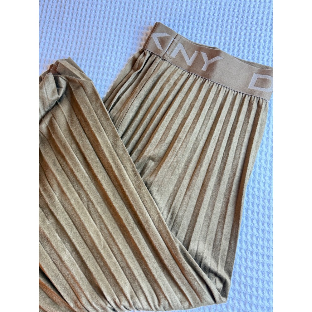 DKNY Womens XL Faux Suede Pleated Midi Skirt Tan Camel Logo Waistband